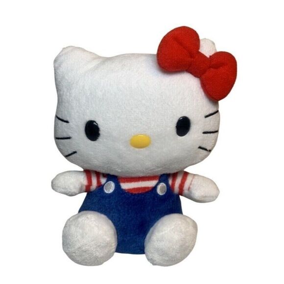TY Hello Kitty Red White & Blue Stuffed Animal 7" Doll Overalls Stripe Patriotic - Picture 10 of 11